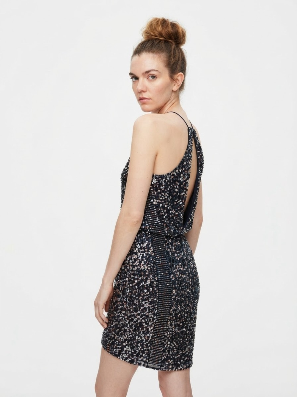 Gianni Bini Navy Sequin Midi Dress with Open Back